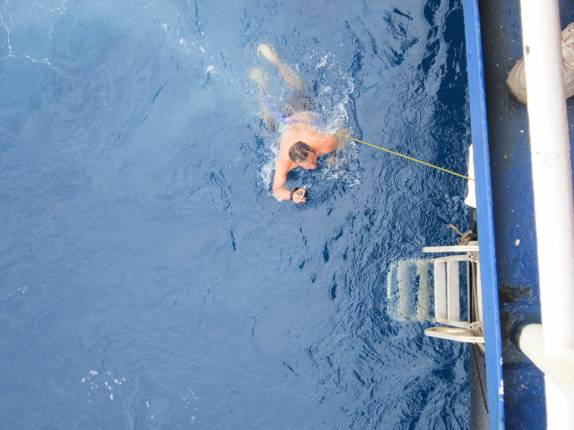 A Ana já está de volta ao Sea Spirit enquanto o rodrigo ainda nada nas águas geladas de Brown Bluff, na Antártida